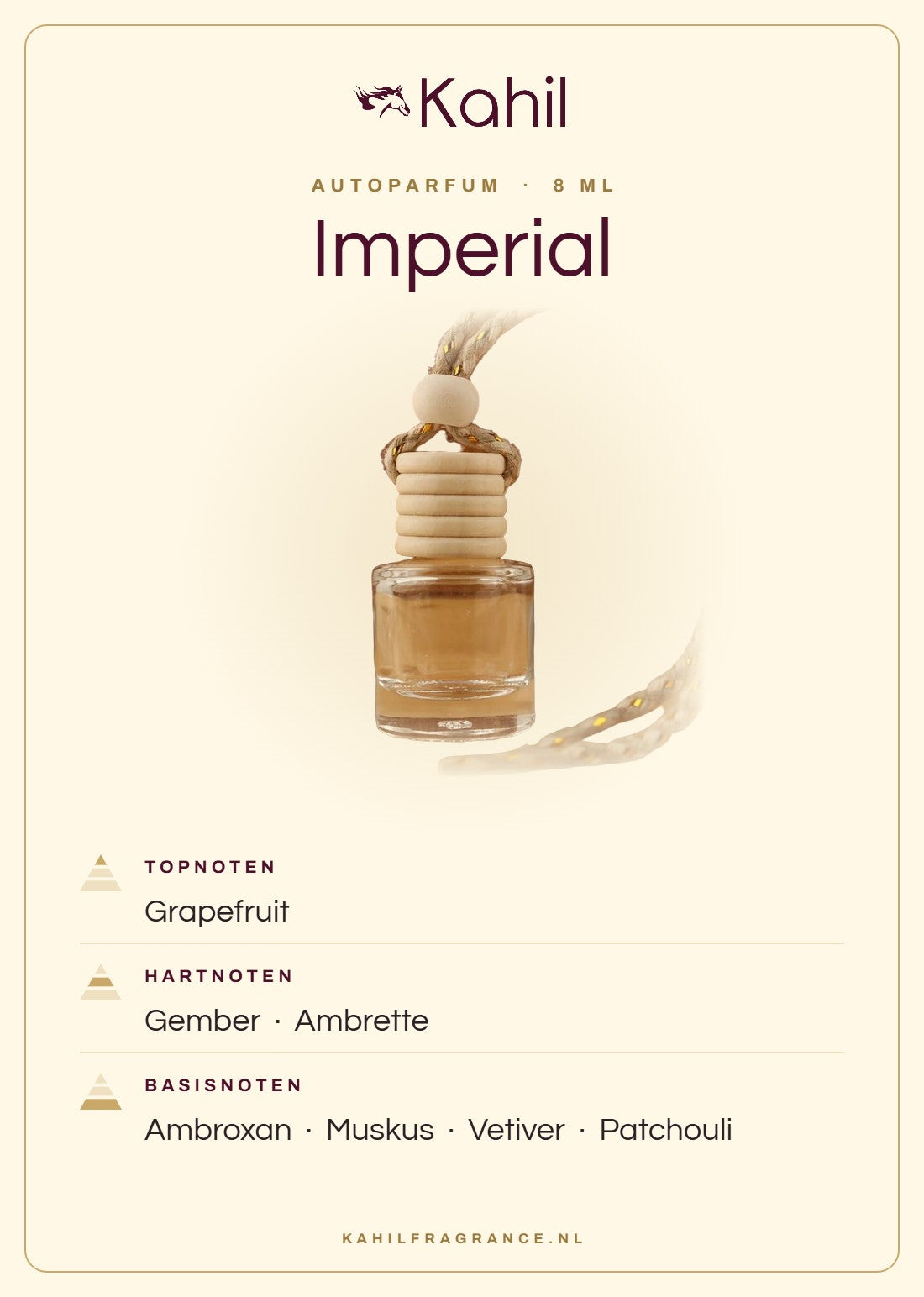 Geurnoten van Kahil Imperial autoparfum: topnoten grapefruit; hartnoten gember, ambrette; basisnoten ambroxan, muskus, vetiver, patchouli