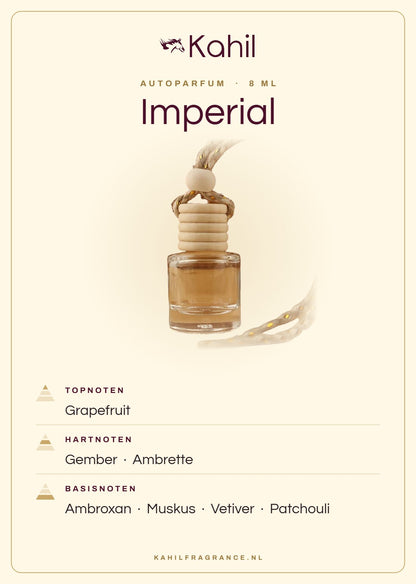 Geurnoten van Kahil Imperial autoparfum: topnoten grapefruit; hartnoten gember, ambrette; basisnoten ambroxan, muskus, vetiver, patchouli