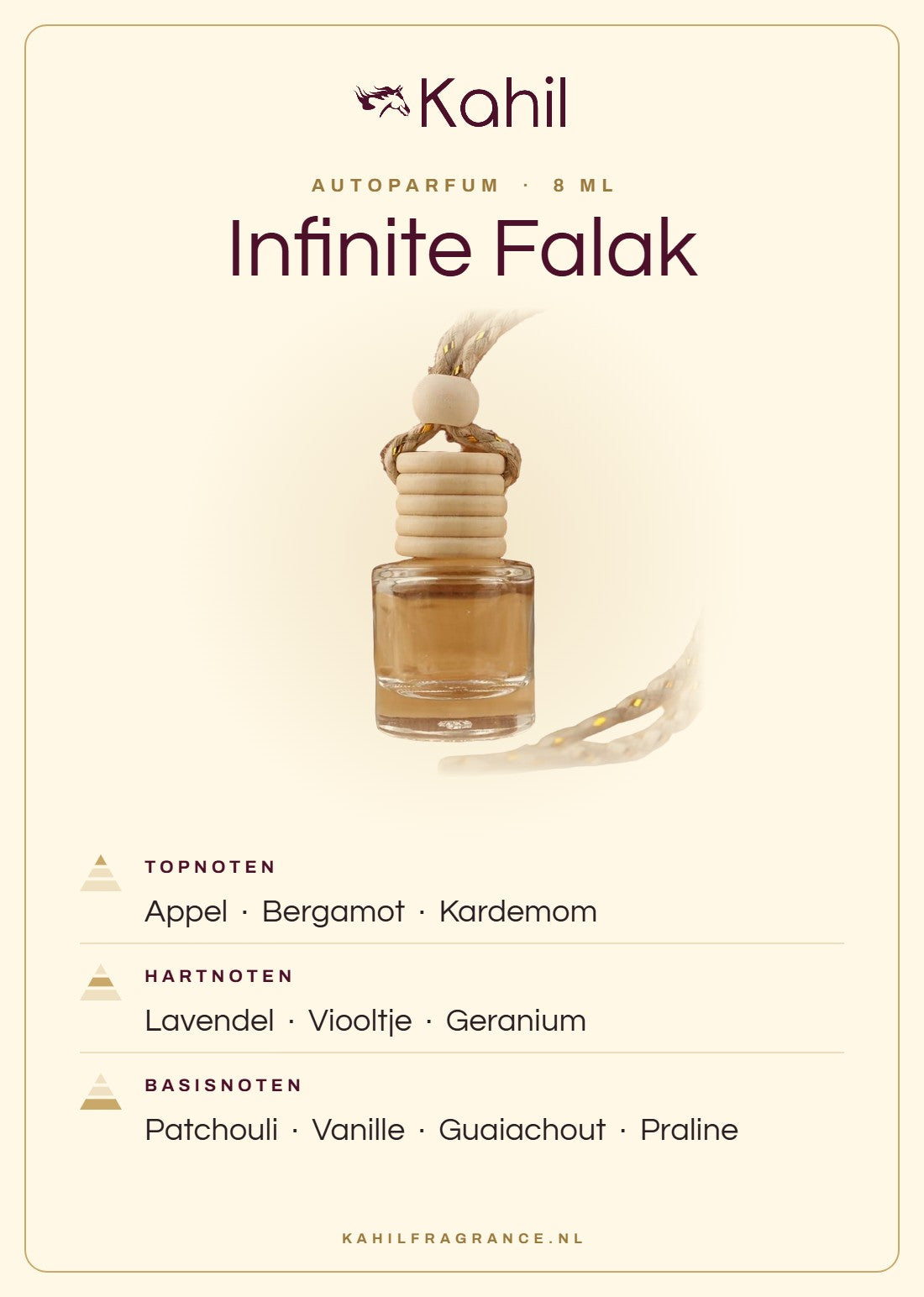 Geurnoten van Kahil Infinite Falak autoparfum: topnoten appel, bergamot, kardemom; hartnoten lavendel, viooltje, geranium; basisnoten patchouli, vanille, guaiachout, praline
