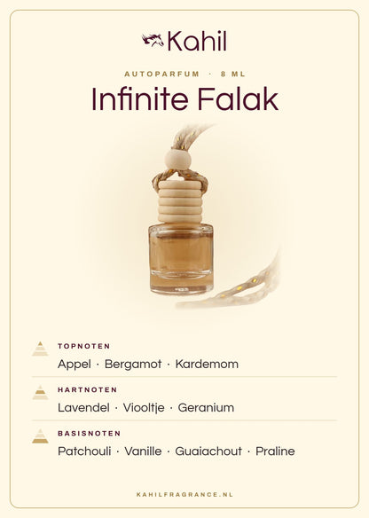 Geurnoten van Kahil Infinite Falak autoparfum: topnoten appel, bergamot, kardemom; hartnoten lavendel, viooltje, geranium; basisnoten patchouli, vanille, guaiachout, praline