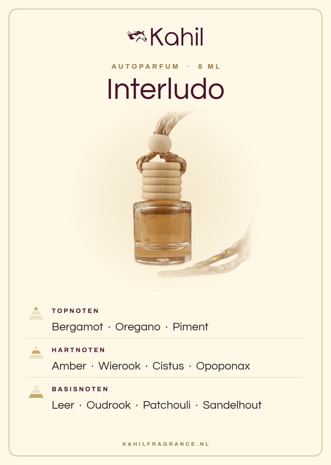 Geurnoten van Kahil Interludo autoparfum: topnoten bergamot, oregano, piment; hartnoten amber, wierook, cistus, opoponax; basisnoten leer, oudrook, patchouli, sandelhout