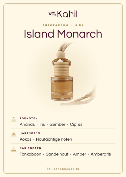Duftnoten von Kahil Island Monarch Autoparfüm: Kopfnoten Ananas, Iris, Ingwer, Zypresse; Herznoten Kokosnuss, Holzige Noten; Basisnoten Tonkabohne, Sandelholz, Amber, Ambra