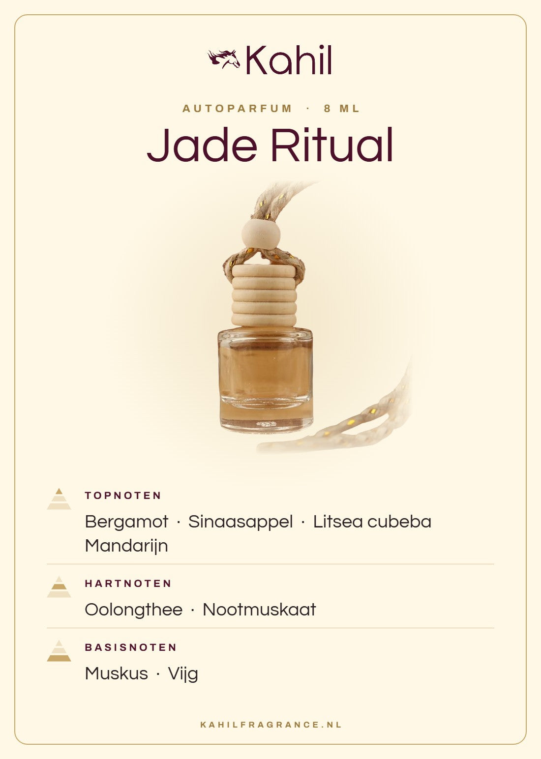 Fragrance notes of Kahil Jade Ritual car perfume: top notes bergamot, orange, litsea, mandarin; heart notes oolong tea, nutmeg; base notes musk, fig