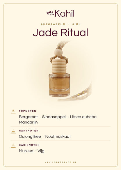 Fragrance notes of Kahil Jade Ritual car perfume: top notes bergamot, orange, litsea, mandarin; heart notes oolong tea, nutmeg; base notes musk, fig