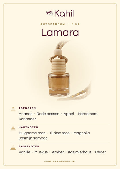 Geurnoten van Kahil Lamara autoparfum: topnoten ananas, rode bessen, appel, kardemom, koriander; hartnoten Bulgaarse roos, Turkse roos, magnolia, jasmijn sambac; basisnoten vanille, muskus, amber, kasjmierhout, ceder