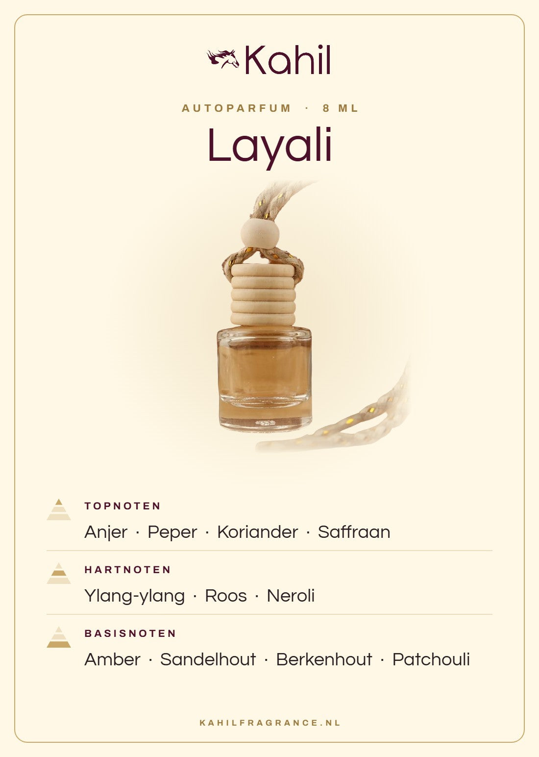 Geurnoten van Kahil Layali autoparfum: topnoten anjer, peper, koriander, saffraan; hartnoten ylang-ylang, roos, neroli; basisnoten amber, sandelhout, berkenhout, patchouli