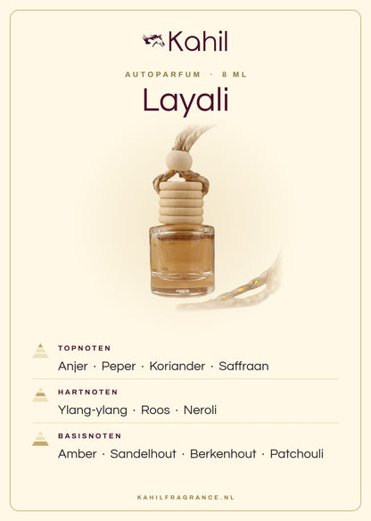 Geurnoten van Kahil Layali autoparfum: topnoten anjer, peper, koriander, saffraan; hartnoten ylang-ylang, roos, neroli; basisnoten amber, sandelhout, berkenhout, patchouli