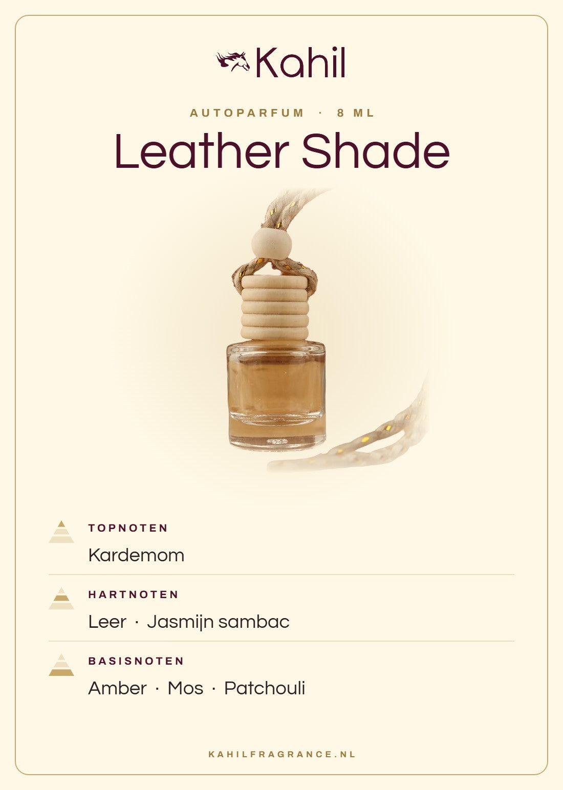 Geurnoten van Kahil Leather Shade autoparfum: topnoten kardemom; hartnoten leer, jasmijn sambac; basisnoten amber, mos, patchouli