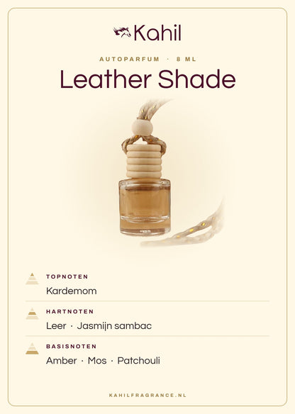 Geurnoten van Kahil Leather Shade autoparfum: topnoten kardemom; hartnoten leer, jasmijn sambac; basisnoten amber, mos, patchouli
