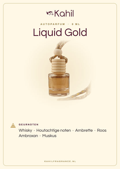 Fragrance notes of Kahil Liquid Gold car perfume: whiskey, woody notes, ambrette, rose, ambroxan, musk