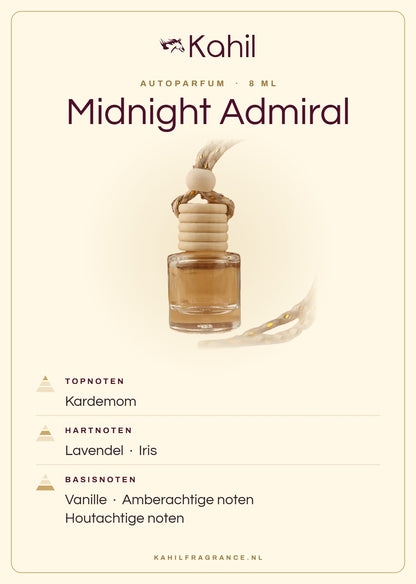 Geurnoten van Kahil Midnight Admiral autoparfum: topnoten kardemom; hartnoten lavendel, iris; basisnoten vanille, amberachtige noten, houtachtige noten