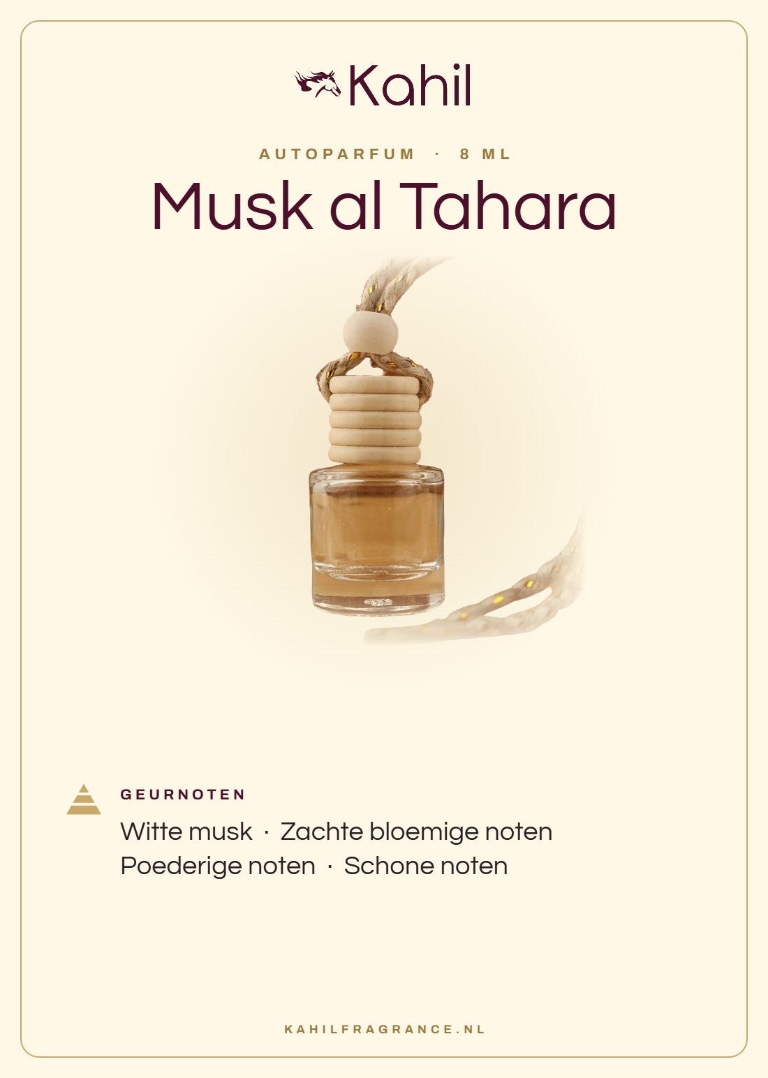 Geurnoten van Kahil Musk al Tahara autoparfum: witte musk, zachte bloemige noten, poederige noten, schone noten