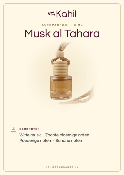 Geurnoten van Kahil Musk al Tahara autoparfum: witte musk, zachte bloemige noten, poederige noten, schone noten