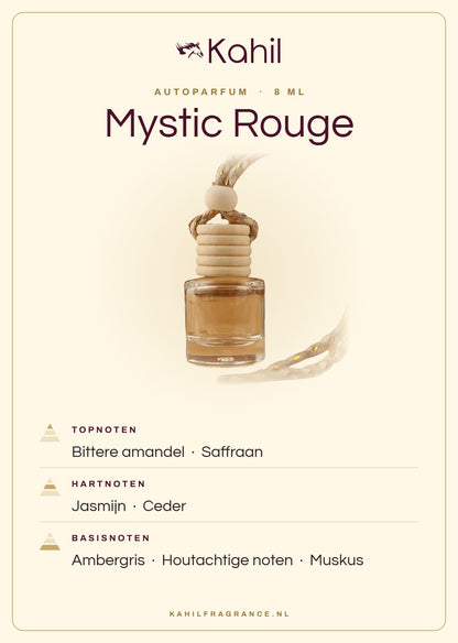 Geurnoten van Kahil Mystic Rouge autoparfum: topnoten bittere amandel, saffraan; hartnoten jasmijn, ceder; basisnoten ambergris, houtachtige noten, muskus