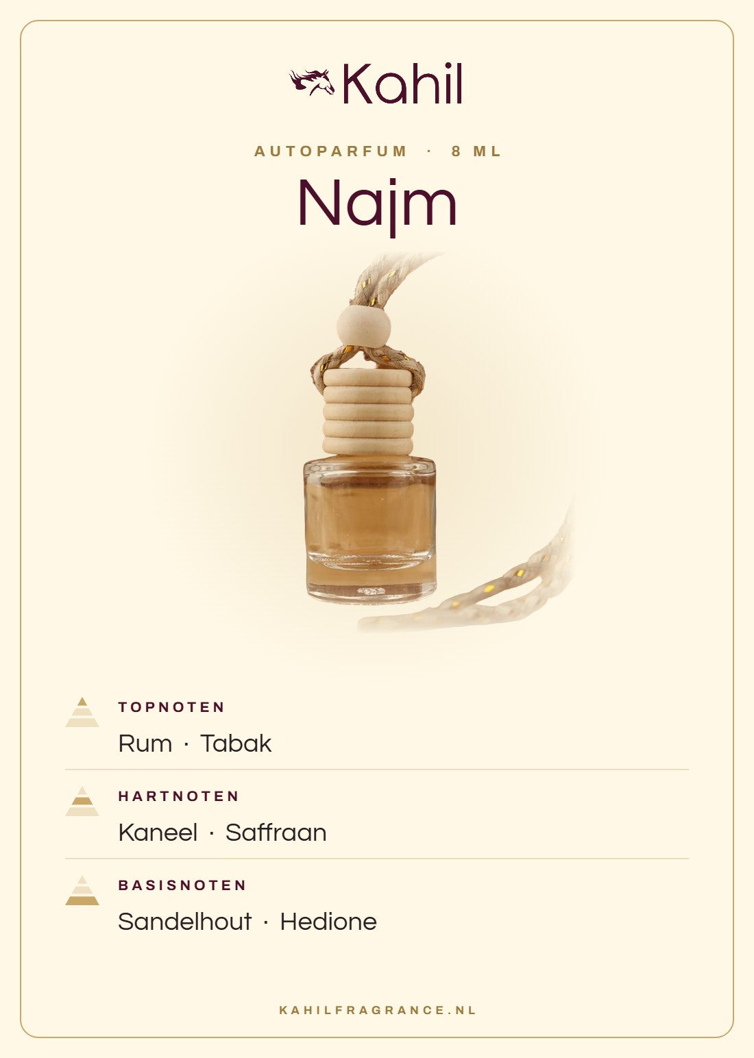 Geurnoten van Kahil Najm autoparfum: topnoten rum, tabak; hartnoten kaneel, saffraan; basisnoten sandelhout, hedione