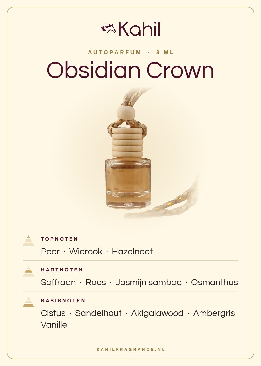 Geurnoten van Kahil Obsidian Crown autoparfum: topnoten peer, wierook, hazelnoot; hartnoten saffraan, roos, jasmijn sambac, osmanthus; basisnoten cistus, sandelhout, akigalawood, ambergris, vanille