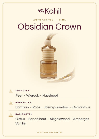 Geurnoten van Kahil Obsidian Crown autoparfum: topnoten peer, wierook, hazelnoot; hartnoten saffraan, roos, jasmijn sambac, osmanthus; basisnoten cistus, sandelhout, akigalawood, ambergris, vanille