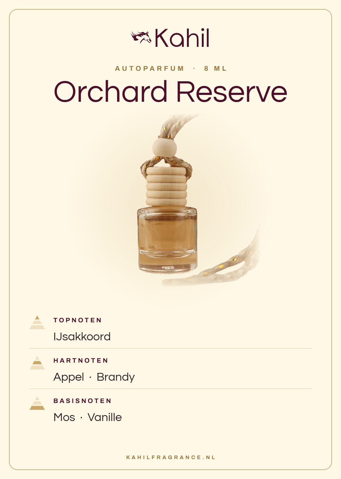 Geurnoten van Kahil Orchard Reserve autoparfum: topnoten ijsakkoord; hartnoten appel, brandy; basisnoten mos, vanille