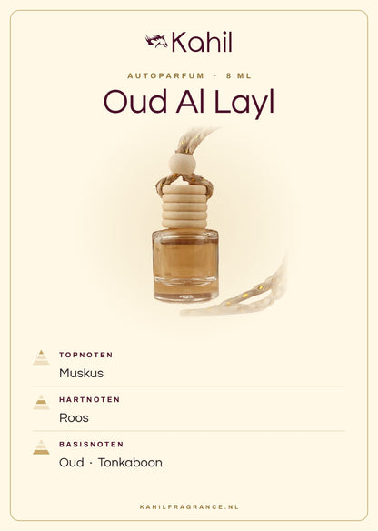 Geurnoten van Kahil Oud Al Layl autoparfum: topnoten muskus; hartnoten roos; basisnoten oud, tonkaboon