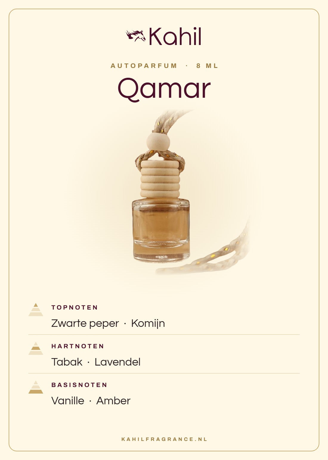 Geurnoten van Kahil Qamar autoparfum: topnoten zwarte peper, komijn; hartnoten tabak, lavendel; basisnoten vanille, amber