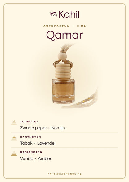 Geurnoten van Kahil Qamar autoparfum: topnoten zwarte peper, komijn; hartnoten tabak, lavendel; basisnoten vanille, amber