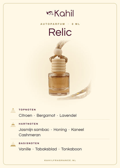 Duftnoten von Kahil Relic Autoparfüm: Kopfnoten Zitrone, Bergamotte, Lavendel; Herznoten Sambac-Jasmin, Honig, Zimt, Cashmeran; Basisnoten Vanille, Tabakblatt, Tonkabohne