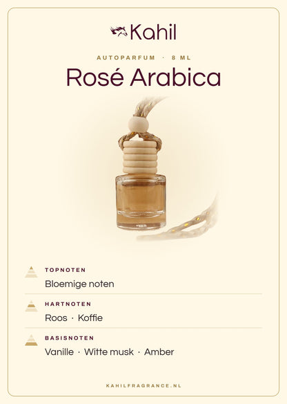Duftnoten von Kahil Rosé Arabica Autoparfüm: Kopfnoten Blumige Noten; Herznoten Rose, Kaffee; Basisnoten Vanille, Weißer Moschus, Amber
