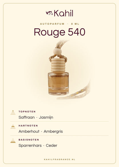 Duftnoten von Kahil Rouge 540 Autoparfüm: Kopfnoten Safran, Jasmin; Herznoten Amberholz, Ambra; Basisnoten Tannenharz, Zeder
