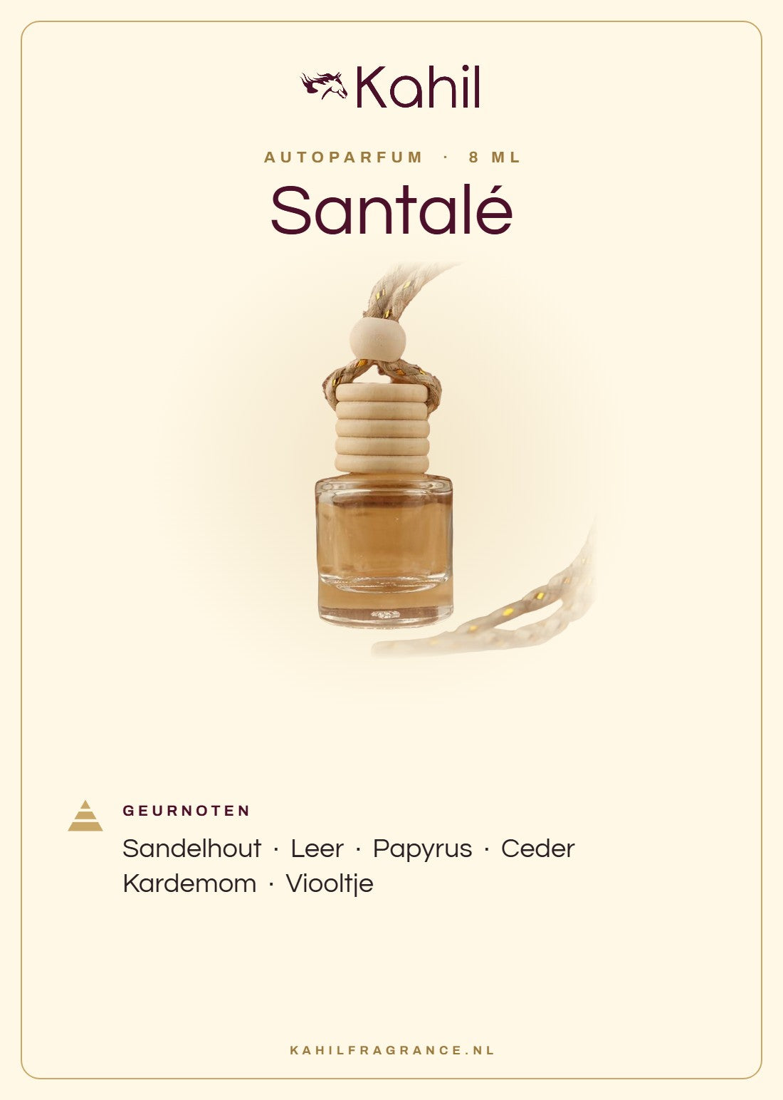 Fragrance notes of Kahil Santalé car perfume: sandalwood, leather, papyrus, cedar, cardamom, violet