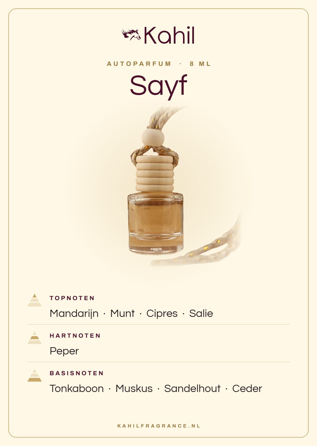 Duftnoten von Kahil Sayf Autoparfüm: Kopfnoten Mandarine, Minze, Zypresse, Salbei; Herznoten Pfeffer; Basisnoten Tonkabohne, Moschus, Sandelholz, Zeder