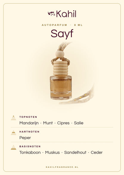 Duftnoten von Kahil Sayf Autoparfüm: Kopfnoten Mandarine, Minze, Zypresse, Salbei; Herznoten Pfeffer; Basisnoten Tonkabohne, Moschus, Sandelholz, Zeder