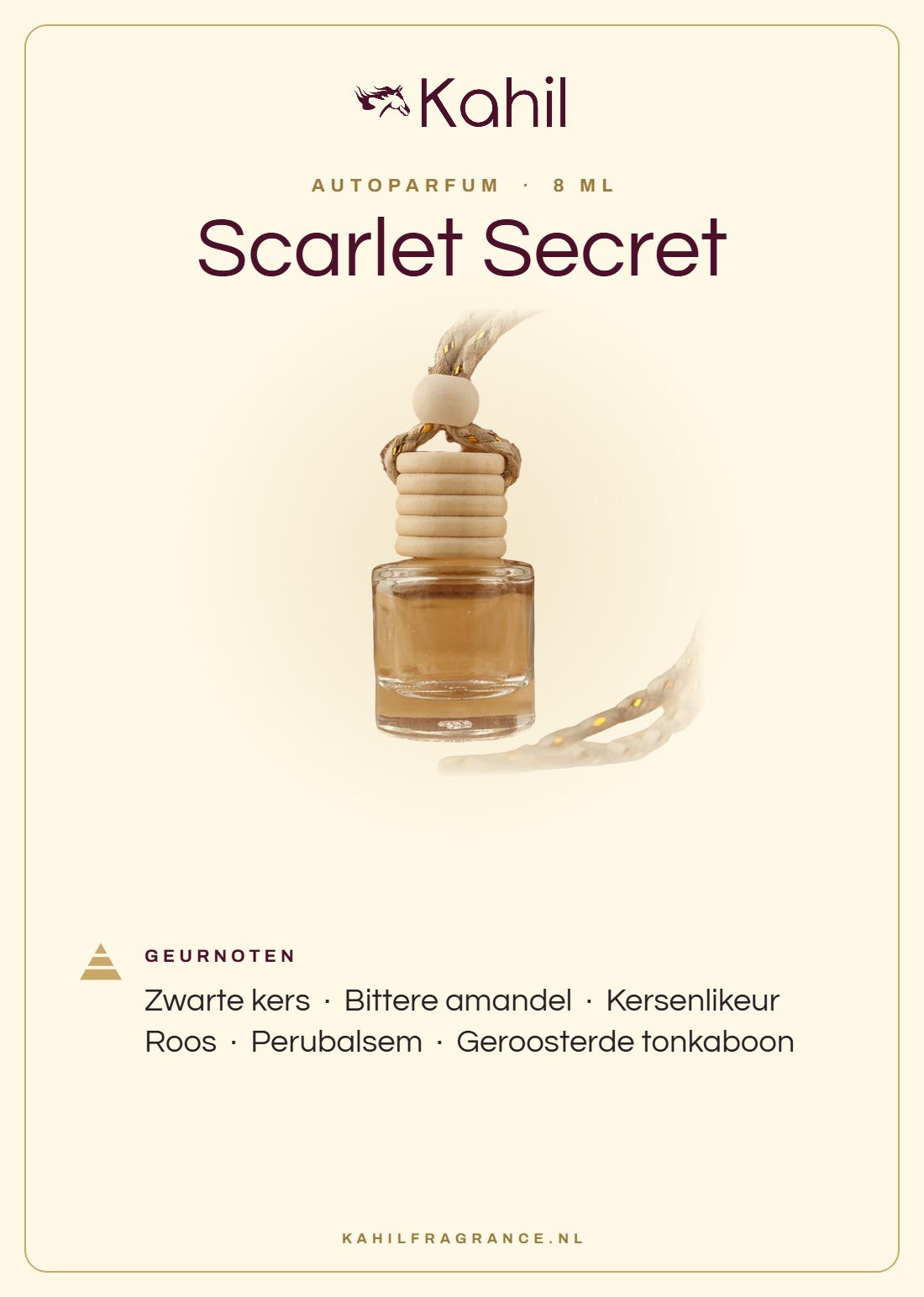 Duftnoten von Kahil Scarlet Secret Autoparfüm: Schwarzkirsche, Bittermandel, Kirschlikör, Rose, Perubalsam, Geröstete Tonkabohne