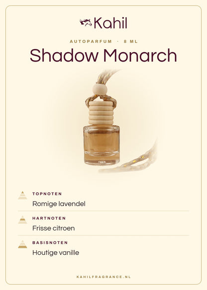 Geurnoten van Kahil Shadow Monarch autoparfum: topnoten romige lavendel; hartnoten frisse citroen; basisnoten houtige vanille