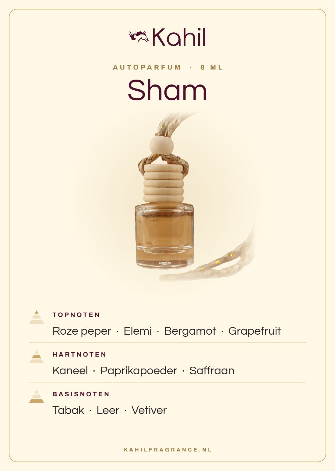 Geurnoten van Kahil Sham autoparfum: topnoten roze peper, elemi, bergamot, grapefruit; hartnoten kaneel, paprikapoeder, saffraan; basisnoten tabak, leer, vetiver