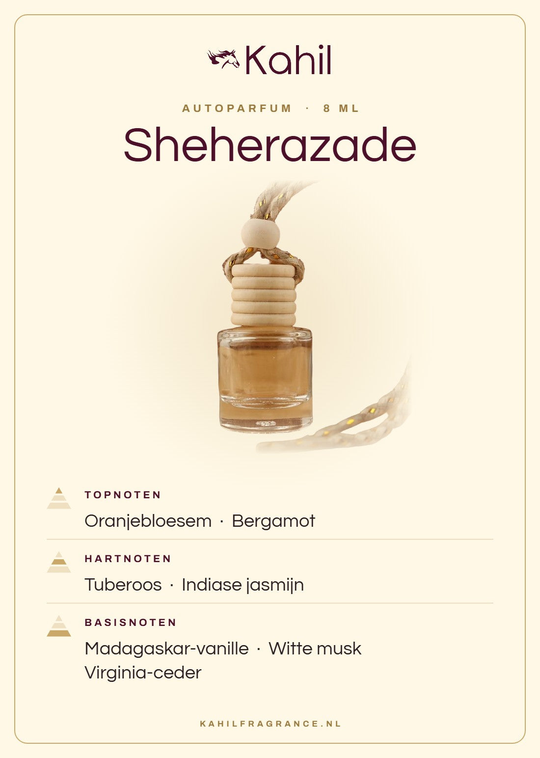 Geurnoten van Kahil Sheherazade autoparfum: topnoten oranjebloesem, bergamot; hartnoten tuberoos, Indiase jasmijn; basisnoten Madagaskar-vanille, witte musk, Virginia-ceder