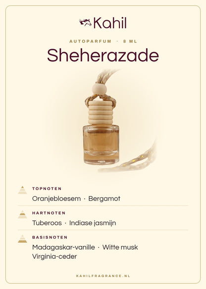 Geurnoten van Kahil Sheherazade autoparfum: topnoten oranjebloesem, bergamot; hartnoten tuberoos, Indiase jasmijn; basisnoten Madagaskar-vanille, witte musk, Virginia-ceder