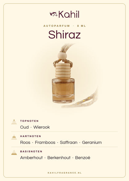 Geurnoten van Kahil Shiraz autoparfum: topnoten oud, wierook; hartnoten roos, framboos, saffraan, geranium; basisnoten amberhout, berkenhout, benzoë