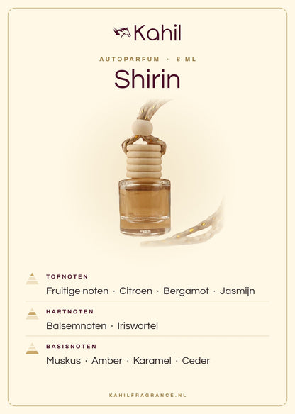 Fragrance notes of Kahil Shirin car perfume: top notes fruity notes, lemon, bergamot, jasmine; heart notes balsamic notes, orris; base notes musk, amber, caramel, cedar