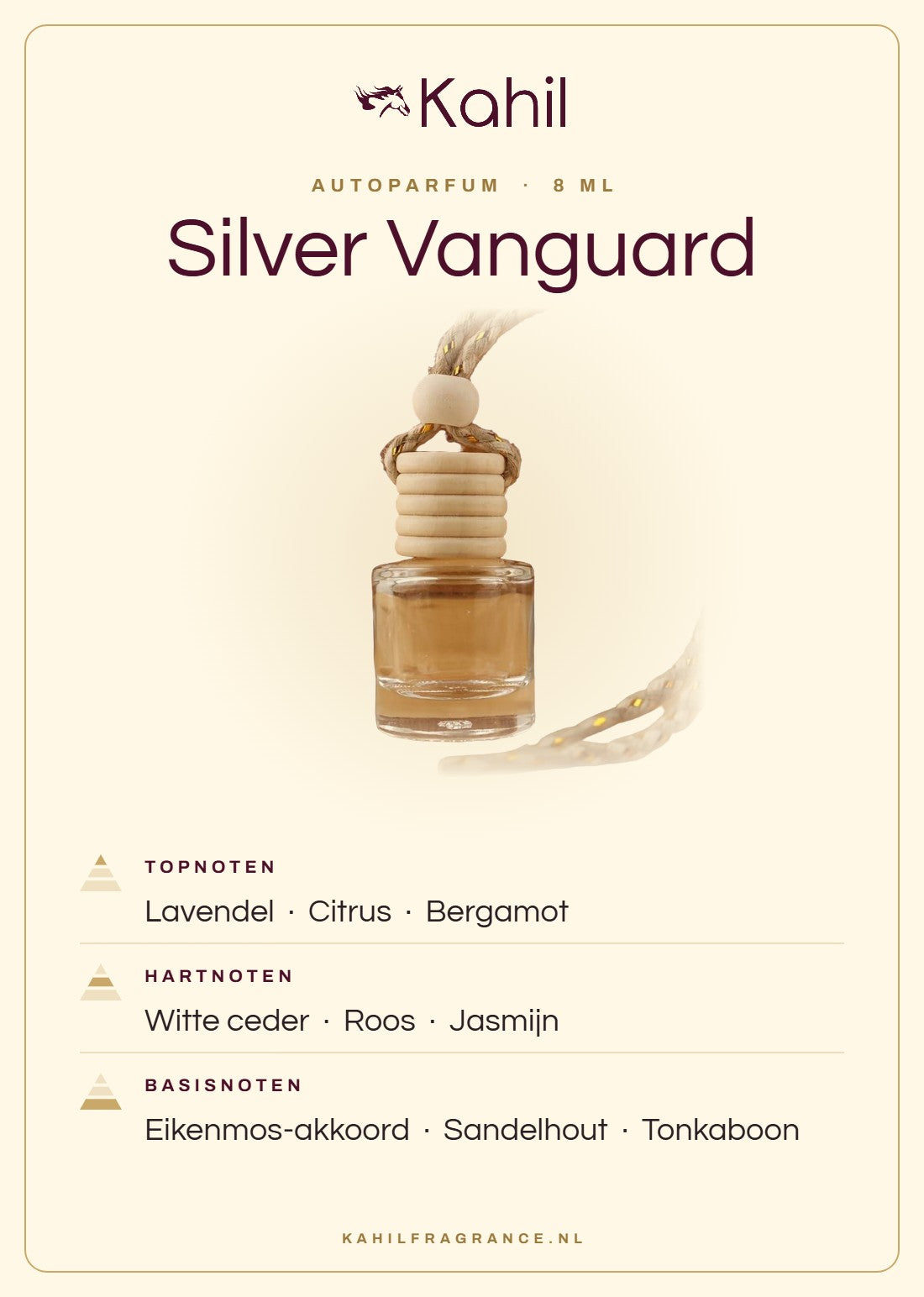 Geurnoten van Kahil Silver Vanguard autoparfum: topnoten lavendel, citrus, bergamot; hartnoten witte ceder, roos, jasmijn; basisnoten eikenmos-akkoord, sandelhout, tonkaboon