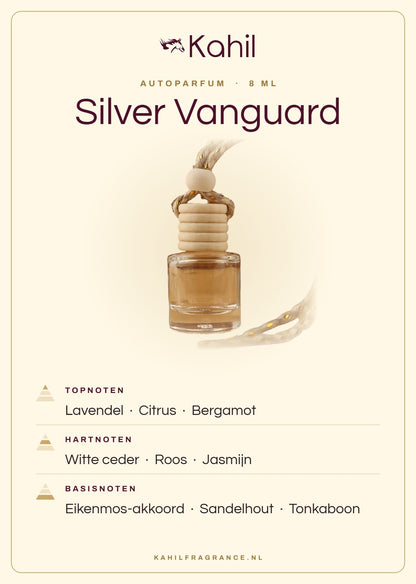 Geurnoten van Kahil Silver Vanguard autoparfum: topnoten lavendel, citrus, bergamot; hartnoten witte ceder, roos, jasmijn; basisnoten eikenmos-akkoord, sandelhout, tonkaboon