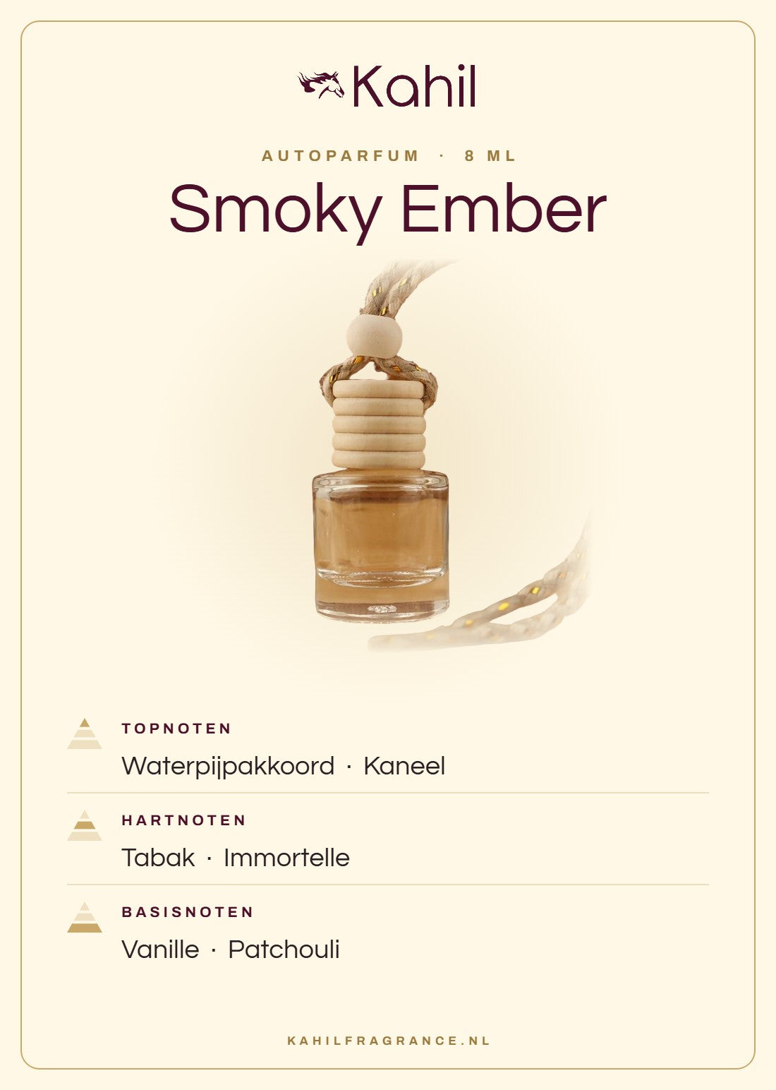 Duftnoten von Kahil Smoky Ember Autoparfüm: Kopfnoten Shisha-Akkord, Zimt; Herznoten Tabak, Immortelle; Basisnoten Vanille, Patchouli