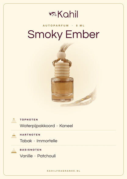 Duftnoten von Kahil Smoky Ember Autoparfüm: Kopfnoten Shisha-Akkord, Zimt; Herznoten Tabak, Immortelle; Basisnoten Vanille, Patchouli