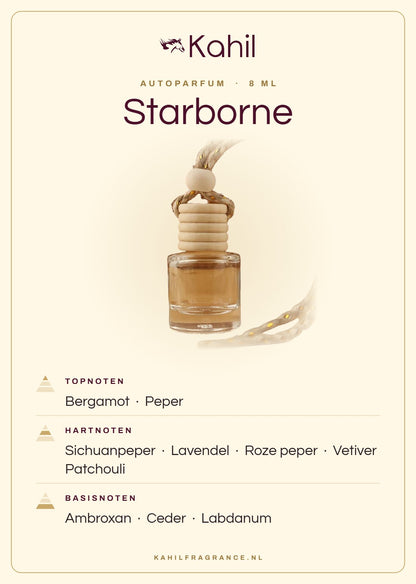 Geurnoten van Kahil Starborne autoparfum: topnoten bergamot, peper; hartnoten sichuanpeper, lavendel, roze peper, vetiver, patchouli; basisnoten ambroxan, ceder, labdanum