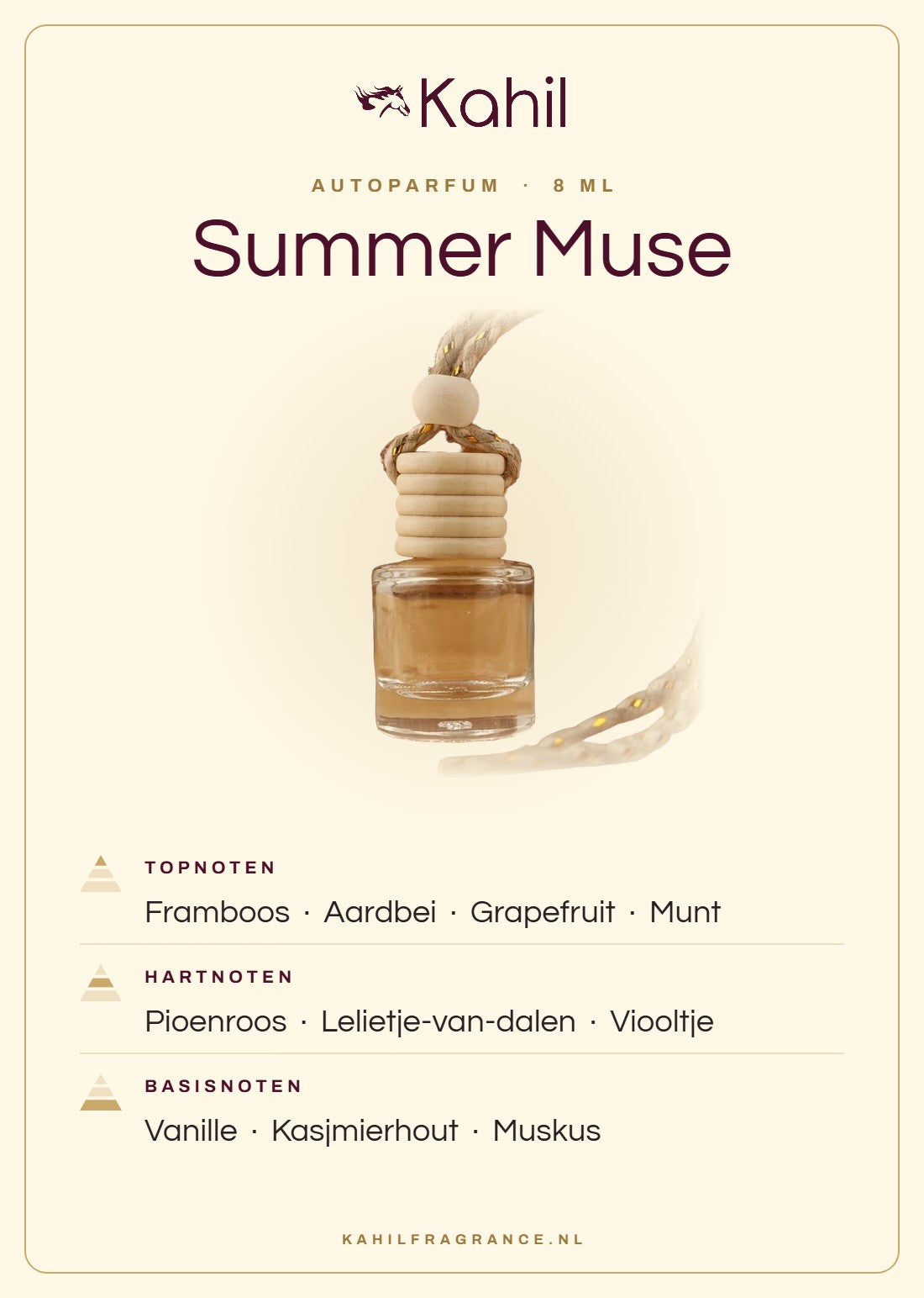 Geurnoten van Kahil Summer Muse autoparfum: topnoten framboos, aardbei, grapefruit, munt; hartnoten pioenroos, lelietje-van-dalen, viooltje; basisnoten vanille, kasjmierhout, muskus