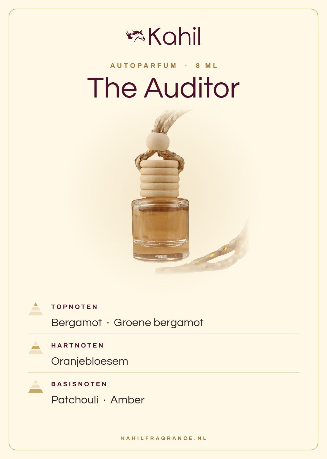 Fragrance notes of Kahil The Auditor car perfume: top notes bergamot, green bergamot; heart notes orange blossom; base notes patchouli, amber