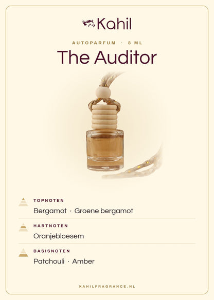 Fragrance notes of Kahil The Auditor car perfume: top notes bergamot, green bergamot; heart notes orange blossom; base notes patchouli, amber