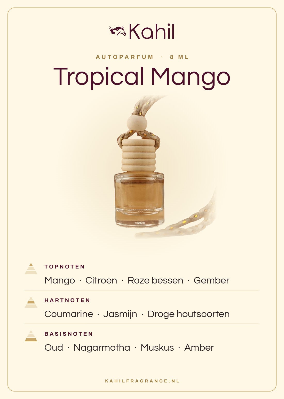 Geurnoten van Kahil Tropical Mango autoparfum: topnoten mango, citroen, roze bessen, gember; hartnoten coumarine, jasmijn, droge houtsoorten; basisnoten oud, nagarmotha, muskus, amber