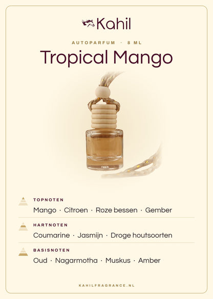 Geurnoten van Kahil Tropical Mango autoparfum: topnoten mango, citroen, roze bessen, gember; hartnoten coumarine, jasmijn, droge houtsoorten; basisnoten oud, nagarmotha, muskus, amber
