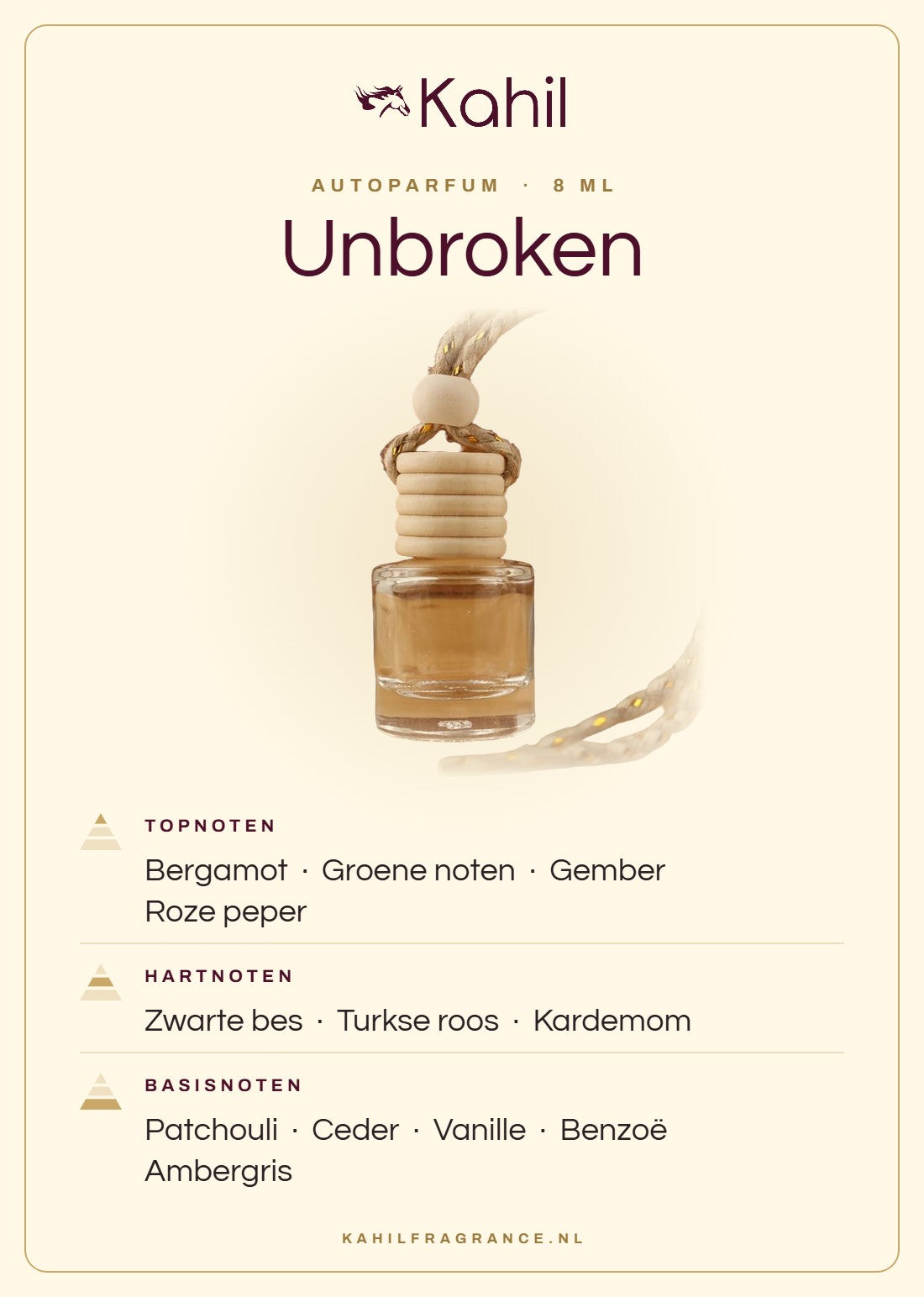 Geurnoten van Kahil Unbroken autoparfum: topnoten bergamot, groene noten, gember, roze peper; hartnoten zwarte bes, Turkse roos, kardemom; basisnoten patchouli, ceder, vanille, benzoë, ambergris