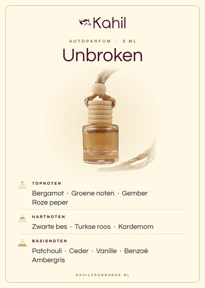 Geurnoten van Kahil Unbroken autoparfum: topnoten bergamot, groene noten, gember, roze peper; hartnoten zwarte bes, Turkse roos, kardemom; basisnoten patchouli, ceder, vanille, benzoë, ambergris
